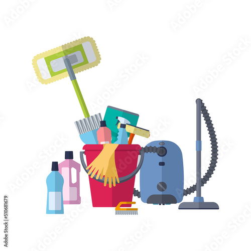 Cleaning service concept. Poster template for house cleaning services with cleaning tools. 