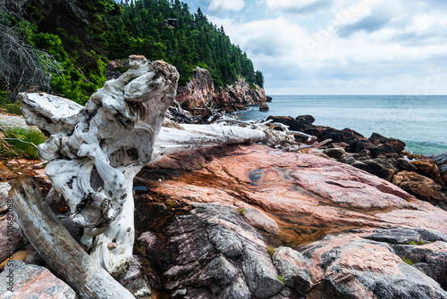 Tela Cobblestone and rocky shoreline on Black Brook beach, Cape Breton Highlands Nova Scotia, Canada