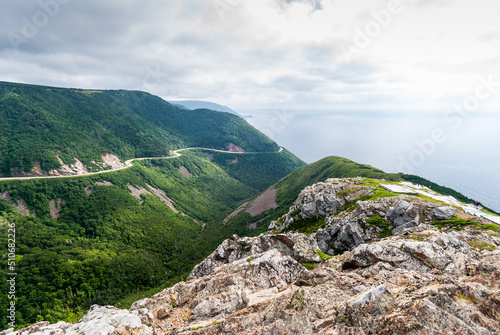 The world-famous views of Cabot Trail winding along the Cape Breton shoreline.
