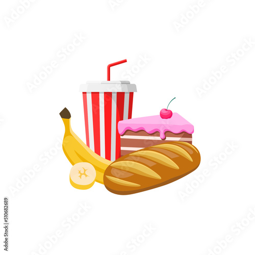 Set of Carbohydrates food in cartoon style. Cake, soda, banana, bread. Flat design. Vector illustration of food high in carbs. Composition of carbs food. 