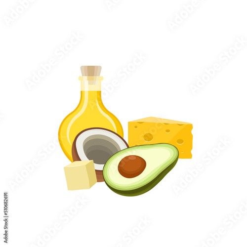 Set of fats food in vector cartoon style. Oil, avocado, coconut, butter cheese. Vector illustration of food high in fats. Composition of healthy fats. 