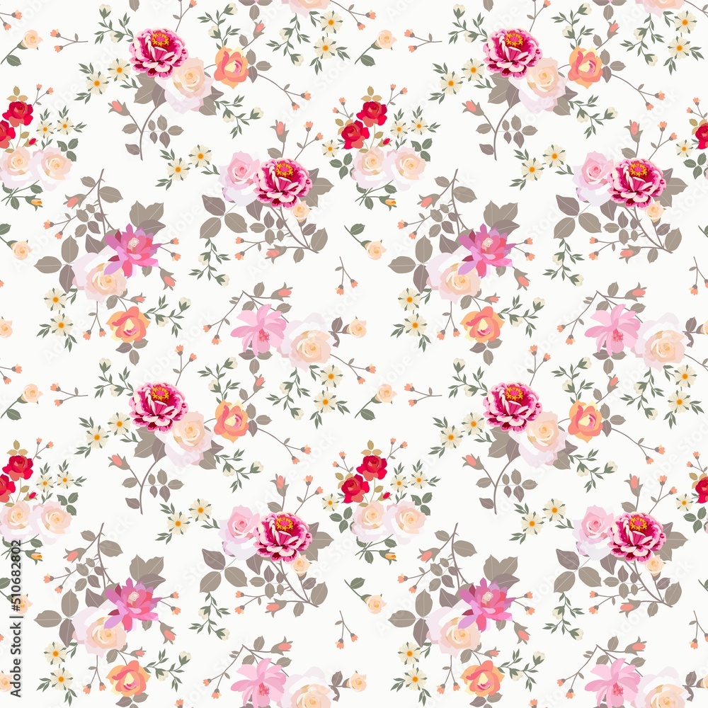 Seamless natural fabric print with lovely bouquets of roses, zinnias, cinquefoil, freely arranged on a white background in vector. Romantic pattern for curtains, clothes, bed linen. Seamless natural fabric print with lovely bouquets of roses, zinnias, cinquefoil, freely arranged on a white background in vector. Romantic pattern for curtains, clothes, bed linen.