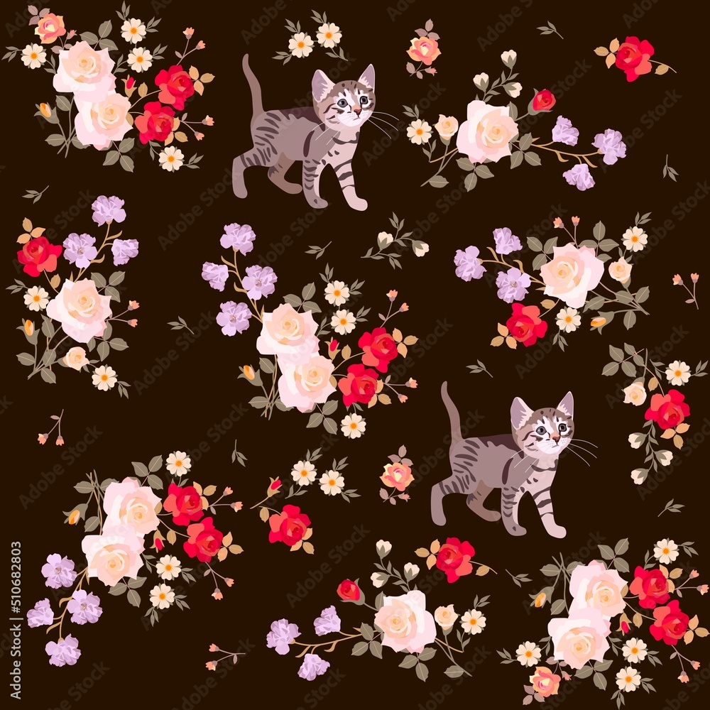 Seamless romantic pattern with bouquets of roses and little kittens isolated on black background in vector. Print for fabric in retro style.