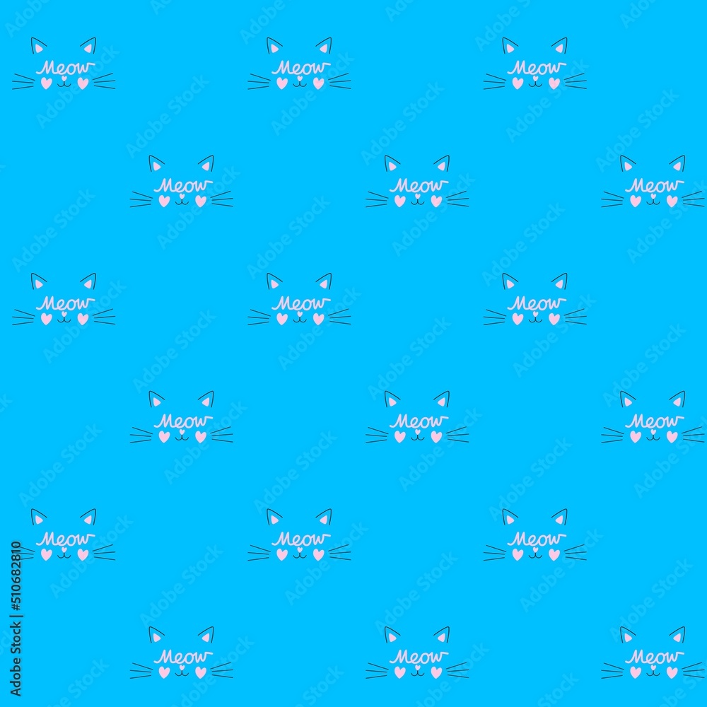Seamless animal ornament with abstract cat faces and the inscription Meow on a capri blue background in vector. Print for fabric, wallpaper. Seamless animal ornament with abstract cat faces and the inscription Meow on a capri blue background in vector. Print for fabric, wallpaper.