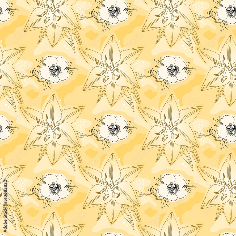 A repeating pattern with outlined lily and cinquefoil flowers on a sandy yellow background. Great seamless natural print for fabric. Botanical pattern in vector. - obrazy, fototapety, plakaty 