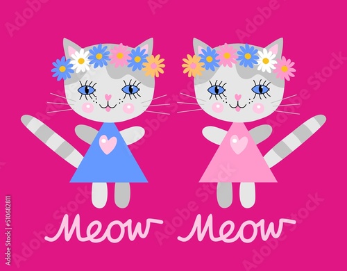 Twin cats in dresses and wreaths of flowers and the inscription Meow Meow iso...