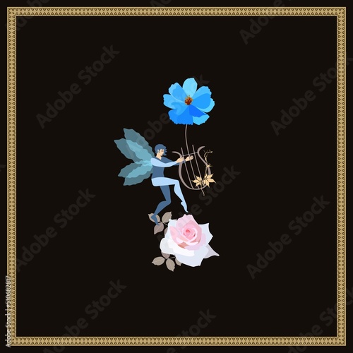 Fairytale elf with wings dancing with a lyre in his hands barely touching a rose flower isolated on a black background with a golden frame in vector. Beautiful card, poster, decorative pillow.