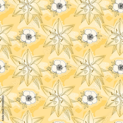 A repeating pattern with outlined lily and cinquefoil flowers on a sandy yellow background. Great seamless natural print for fabric. Botanical pattern in vector. photo