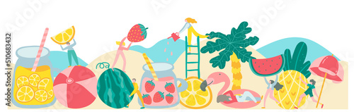 Summer scene, group of tiny people having fun against the huge cocktail, drinking beverage, playing on the beach. Party concept. juice, tropical beverage. Trendy banner, border, background