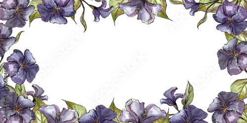 Decorative horizontal frame of purple flowers on a white background. Space for text in the middle