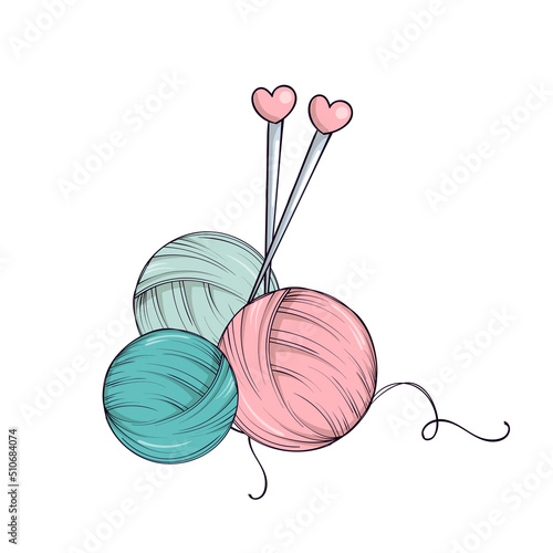 Ball of yarn and needles in doodle style on white background.