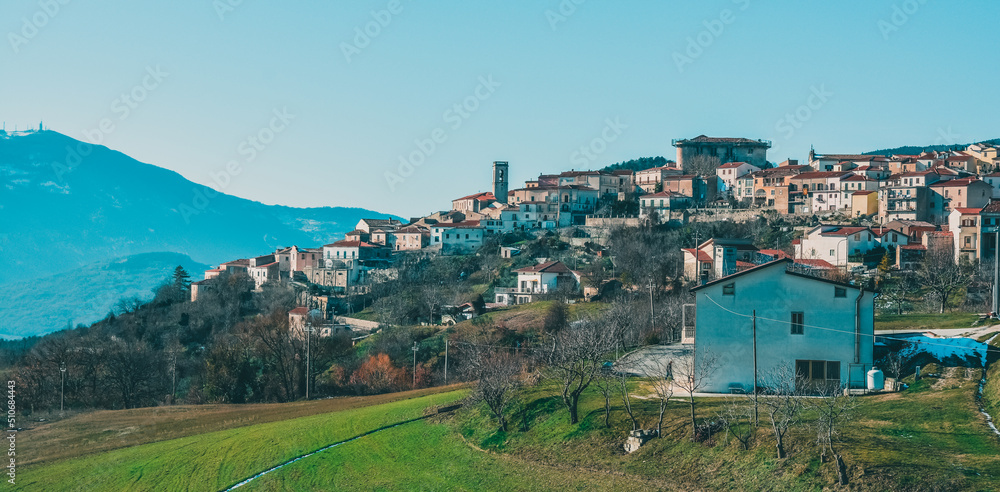 view of the village of macchiagodena, molise, italy