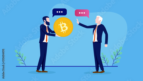 Bitcoin argument - Two people having a disagreement over crypto currency, discussing and debating. Flat design vector illustration