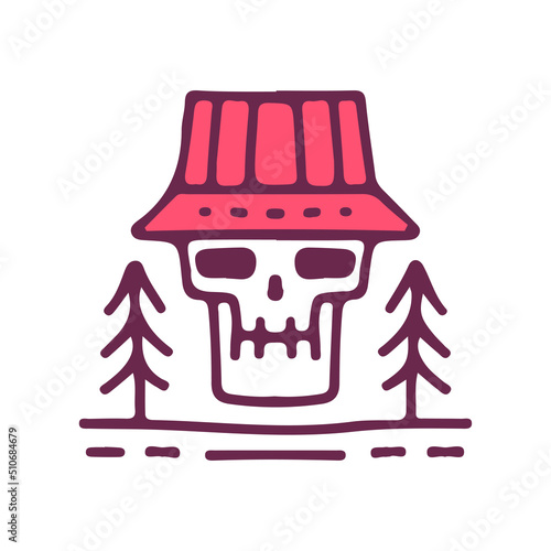 Skull with bucket hat and trees, illustration for t-shirt, street wear, sticker, or apparel merchandise. With doodle, retro, and cartoon style.