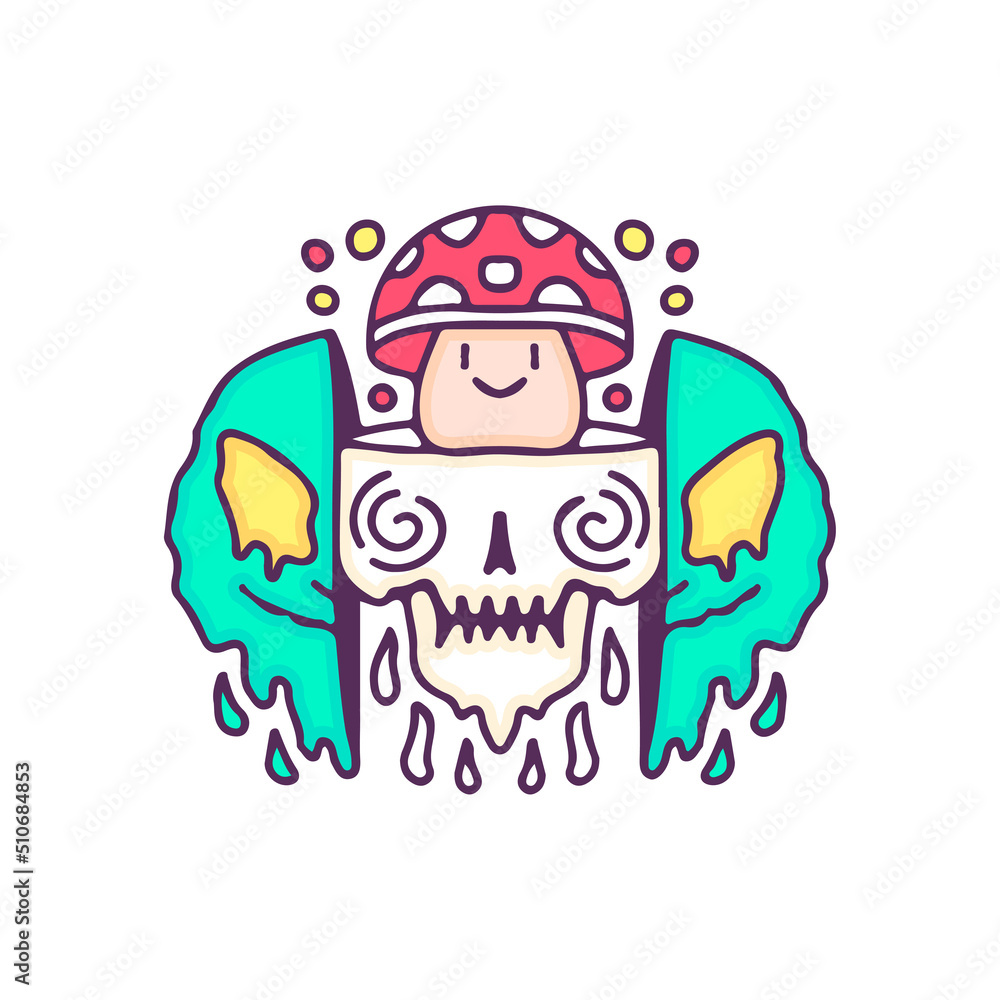 Two half of distorted alien head with skull and amanita mushroom inside, illustration for t-shirt, street wear, sticker, or apparel merchandise. With doodle, retro, and cartoon style. Two half of distorted alien head with skull and amanita mushroom inside, illustration for t-shirt, street wear, sticker, or apparel merchandise. With doodle, retro, and cartoon style.