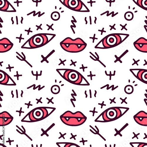 Sketchy one eye, lips and abstract element on white background seamless pattern. Modern vintage, pop art style seamless pattern concept.