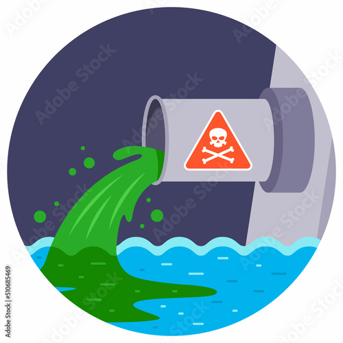 pipe pours polluted water into the river. waste from the plant is poured into the water. flat vector illustration.