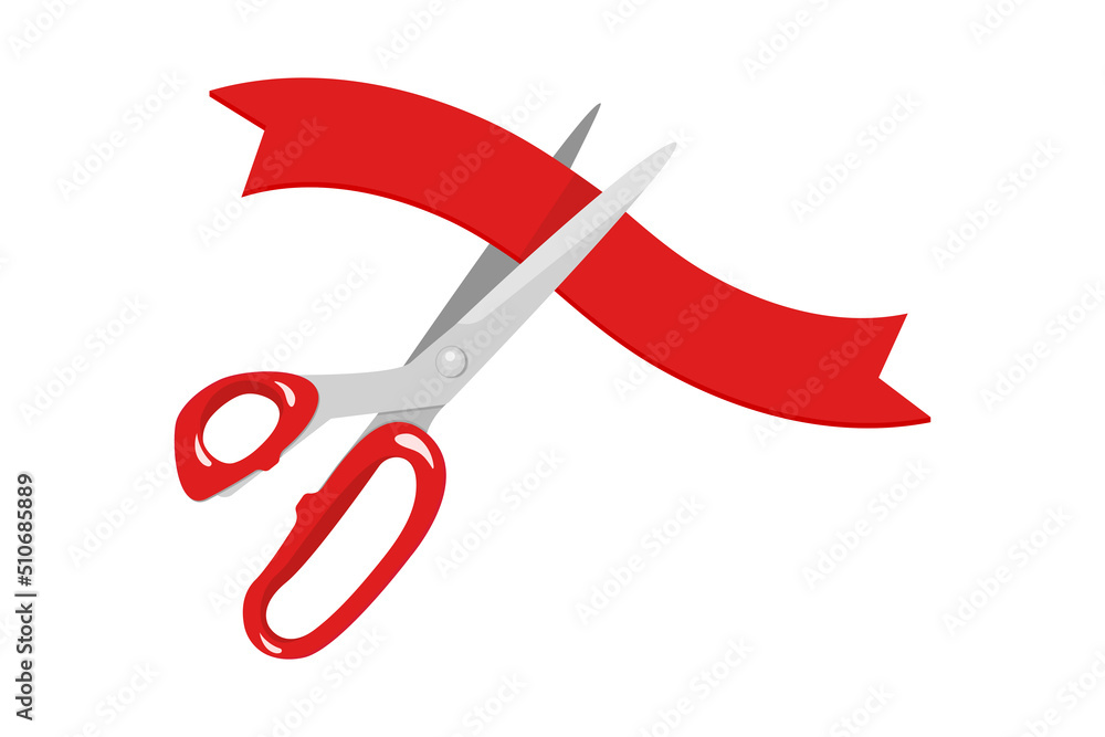 Cutting red ribbon. Symbol of opening ceremony. Vector illustration open scissors with tape isolated on white. Cutting red ribbon. Symbol of opening ceremony. Vector illustration open scissors with tape isolated on white.