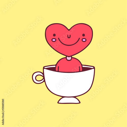 Cup of coffee with heart character inside, illustration for t-shirt, street wear, sticker, or apparel merchandise. With doodle, retro, and cartoon style.