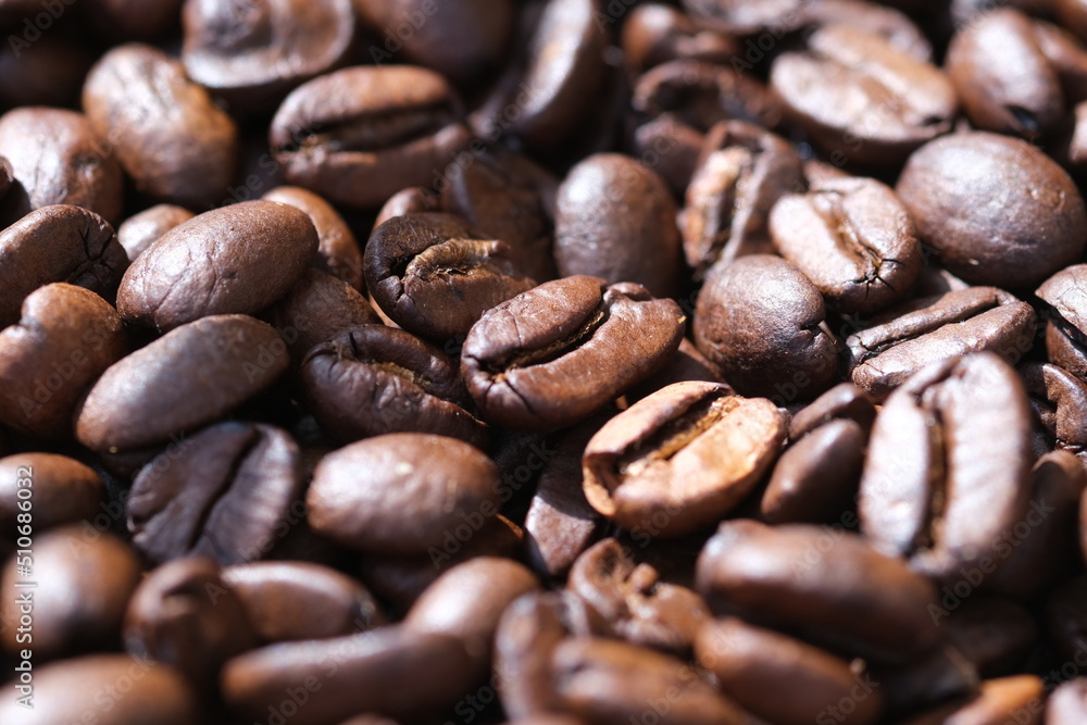 Fototapeta premium Coffee roasted beans closeup, coffee macro close up, selective focus. Defocused natural blurred background.