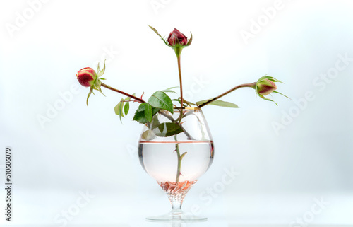 Three rosebuds in a brandy glass on a light background. Selective focus.
