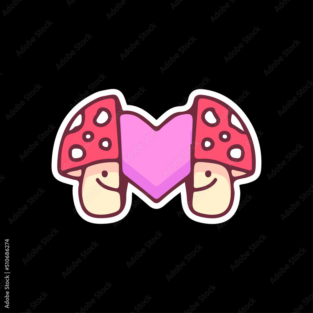 Two half of amanita mushroom with heart inside, illustration for t-shirt, street wear, sticker, or apparel merchandise. With doodle, retro, and cartoon style. Two half of amanita mushroom with heart inside, illustration for t-shirt, street wear, sticker, or apparel merchandise. With doodle, retro, and cartoon style.