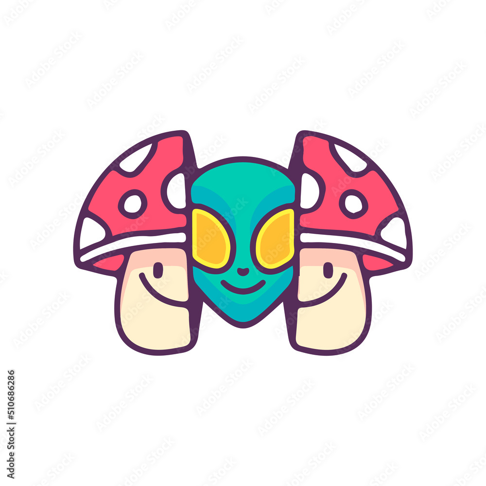 Two half of alien head with amanita mushroom inside, illustration for t-shirt, street wear, sticker, or apparel merchandise. With doodle, retro, and cartoon style. Two half of alien head with amanita mushroom inside, illustration for t-shirt, street wear, sticker, or apparel merchandise. With doodle, retro, and cartoon style.