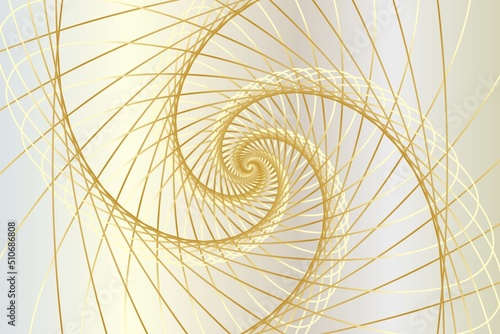Distorted abstract lines, wireframe tunnel. The gold spiral line, Golden Ratio on the white gold background. Vector illustration.