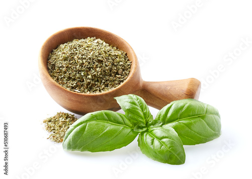 Basil on white background. Dry and fresh leaves