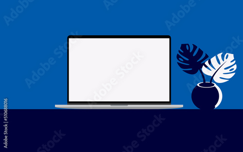 Vector illustration of a mockup modern laptop with blank screen with copy space in minimal style.