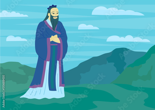Cartoon Color Character Man Confucius East Asian Philosopher Concept on a Chinese Traditional Landscape Scene Flat Design Style. Vector illustration