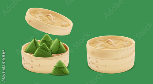 Realistic Detailed 3d Bamboo Steamer with Lid and Rice Dumplings Set Open and Closed View Dragon Boat Festival Concept . Vector illustration of Zongzi