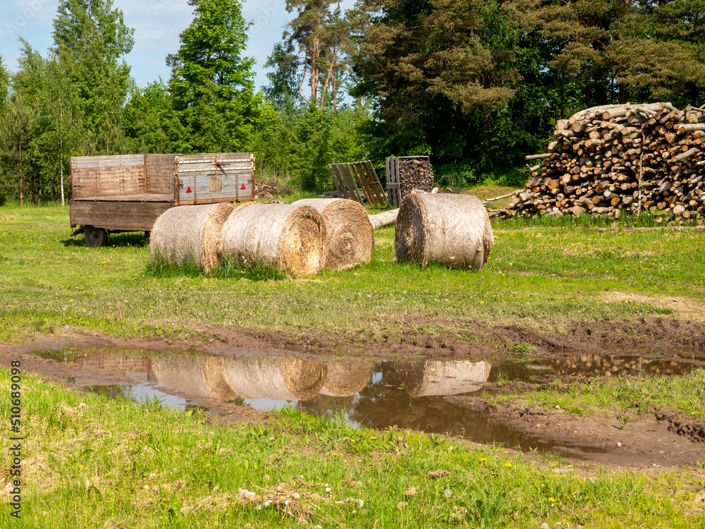 hay rolls near a puddle of water