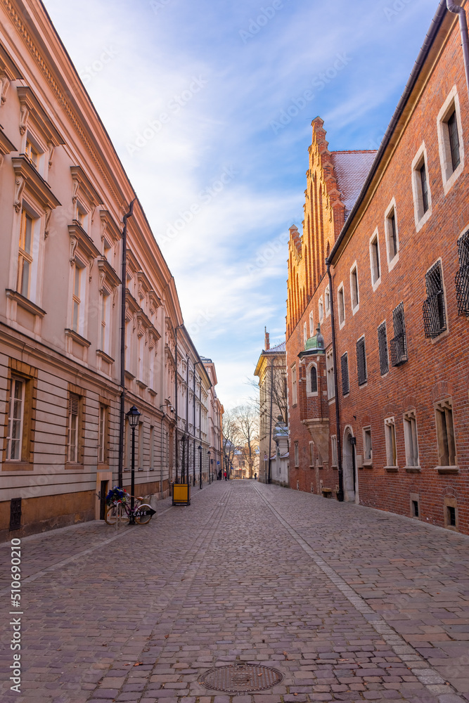 KRAKOW, POLAND, 7 JANUARY 2022: Street in the old town at  morning