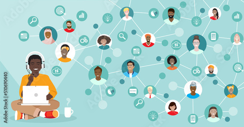 Corporate team working remotely online on project.  Young man, diverse employees working together, international network, virtual office, freelancers group. Business web communication vector banner