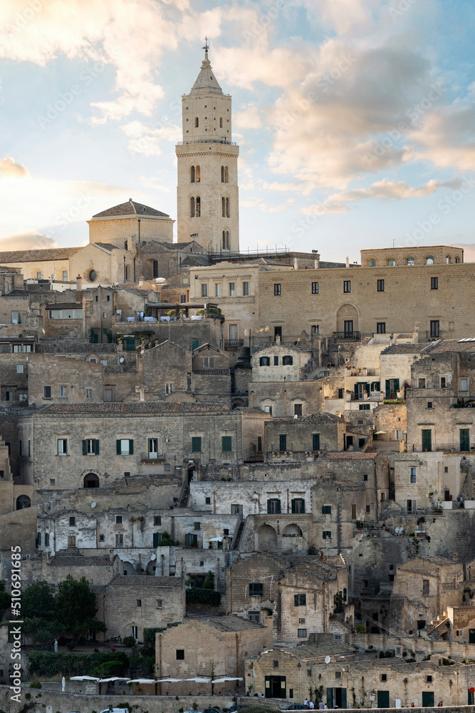 Stunning view of the Matera’s skyline during a beautiful sunset. Matera is a city on a rocky outcrop in the region of Basilicata, in southern Italy