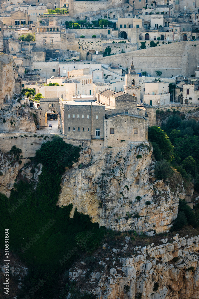 Stunning view of the Matera’s skyline during a beautiful sunset. Matera is a city on a rocky outcrop in the region of Basilicata, in southern Italy