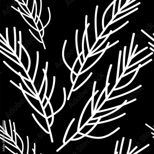 Fototapeta Naklejka Na Ścianę i Meble -  Vector. Merry Christmas, New Year seamless pattern. Design template for typographic products. Winter background for wrapping paper, greeting cards, textiles, branding. Simple hand drawn spruce branch.