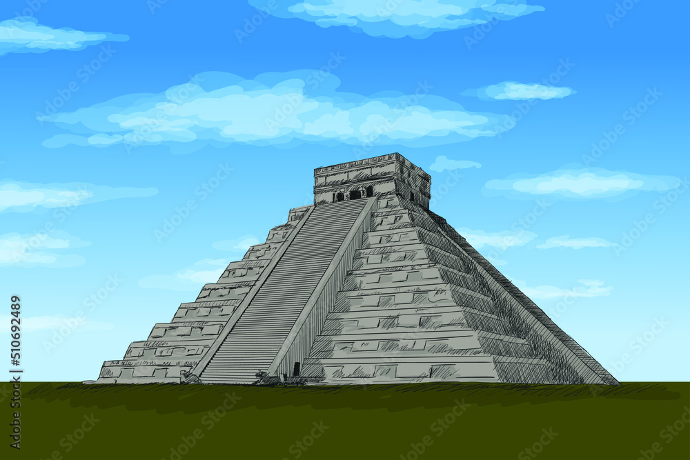Aztec Stone Pyramid with steps. Color pencil sketch Aztec Stone Pyramid with steps. Color pencil sketch
