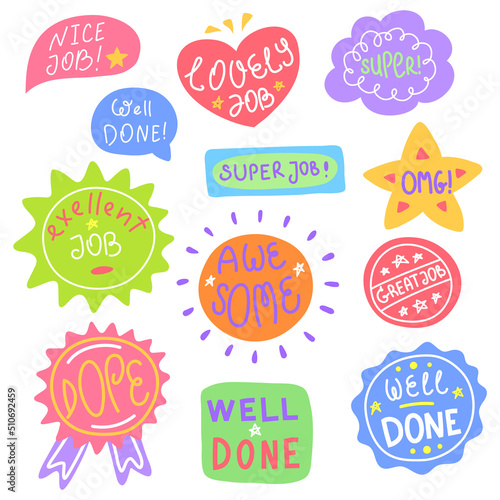Cartoon Color Job Great Stickers Set Flat Design Style. Vector illustration of Well Done Sign Sticker Label