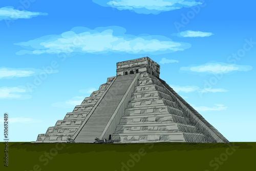 Aztec Stone Pyramid with steps. Color pencil sketch