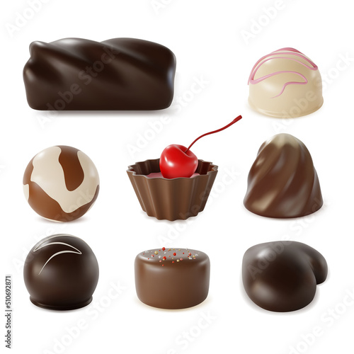 3d Different Chocolate Candies Set Plasticine Cartoon Style Isolated on a White Background. Vector illustration of Assortment Plastic Sweet Cocoa Candy Dessert