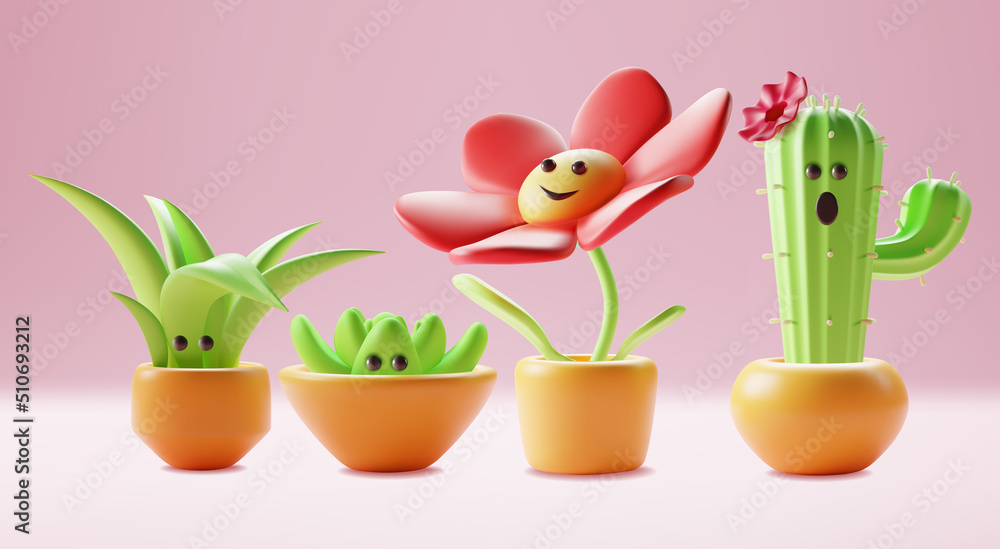 3d Character Mascot Houseplant Set Plasticine Cartoon Style Succulent, Flower and Cactus. Vector illustration of Cute Green House Plant 3d Character Mascot Houseplant Set Plasticine Cartoon Style Succulent, Flower and Cactus. Vector illustration of Cute Green House Plant
