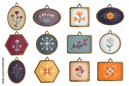 Collection of vintage pendants, pendants with embroidery and wooden frame. Antique brooches of various shapes. Vector graphics.