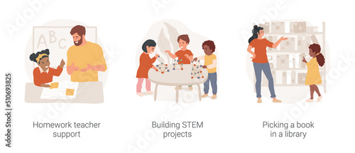 After school learning and enrichment activity isolated cartoon vector illustration set. Homework teacher support, building STEM projects, picking book in library, science for kids vector cartoon. © Vector Juice