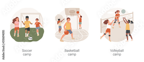 After school sport program isolated cartoon vector illustration set. Soccer and basketball summer camp, volleyball PA day program children fitness, football sport club tournament vector cartoon.