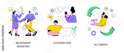 Customer loyalty abstract concept vector illustration set. Relationship marketing, customer care, 24 for 7 service, social media, online tech support, emergency line schedule abstract metaphor.
