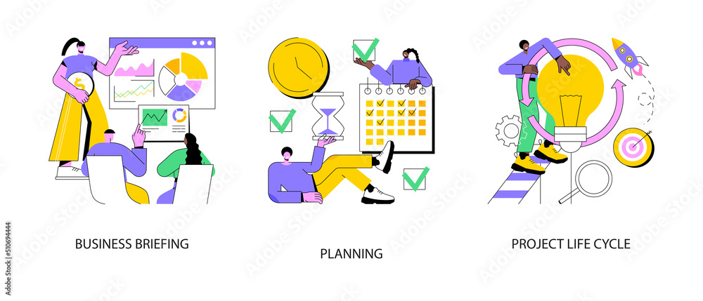 Project management abstract concept vector illustration set. Business briefing, planning project life cycle, task assignment, business case, financial data report, risk management abstract metaphor.