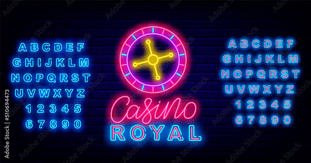 Royal casino neon label. Roulette sign. Shiny blue alphabet. Internet gambling game. Vector stock illustration Royal casino neon label. Roulette sign. Shiny blue alphabet. Internet gambling game. Vector stock illustration