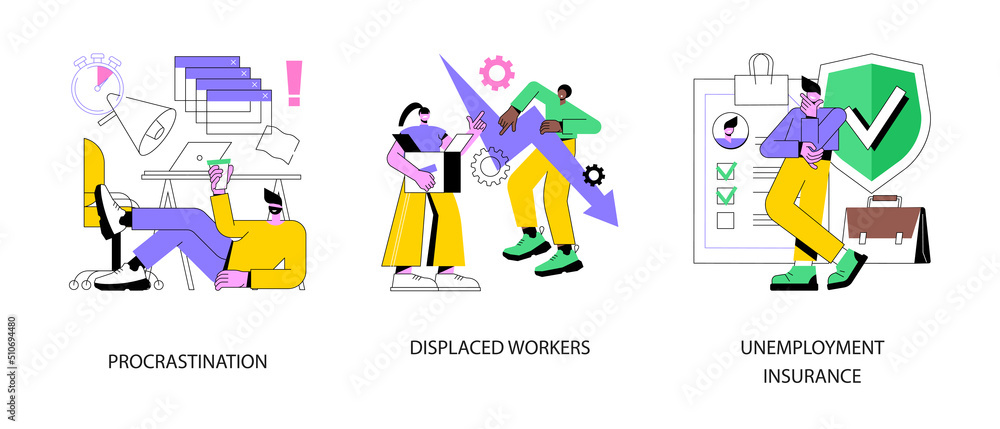 Business termination abstract concept vector illustration set. Procrastination, displaced workers, unemployment insurance, professional burnout, lost job position, claim form abstract metaphor.
